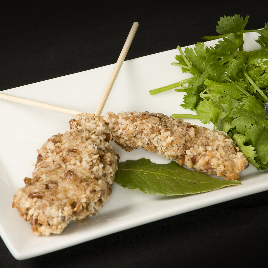 Pecan Chicken on a Wooden Skewer